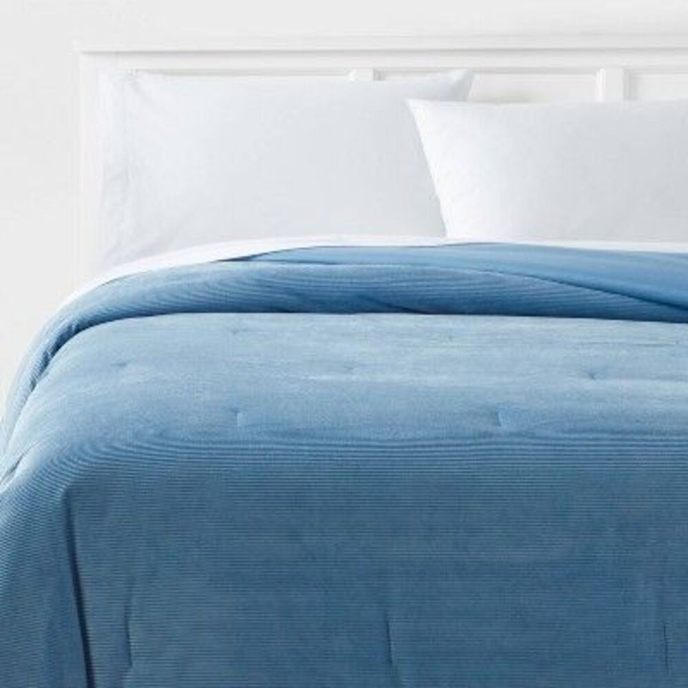 Full/Queen Corduroy Plush Comforter Blue - Room Essentials
